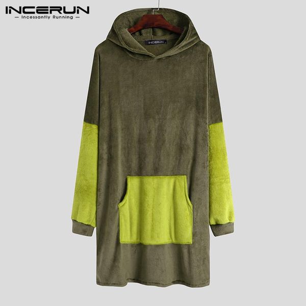 

incerun men patchwork robes fleece homewear long sleeve cozy hooded pockets sleepwear soft leisure men nightgown loose bathrobes, Black;brown