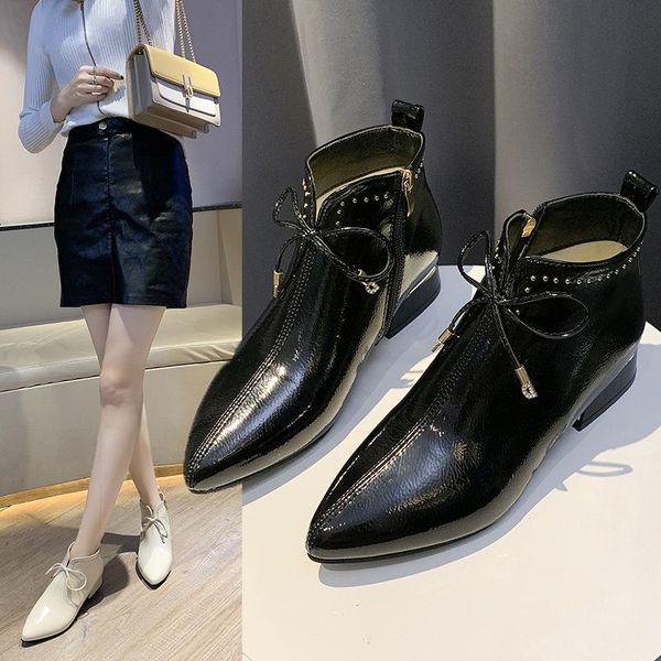 

boots women 2021 low heels booties zipper pointe shoes ladies luxury designer pointy rubber ankle fashion leather, Black