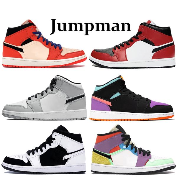 

jumpman 1s 1 mid basketball shoes se multi-color chicago toe light smoke grey white gym red team orange black sneakers men trainers