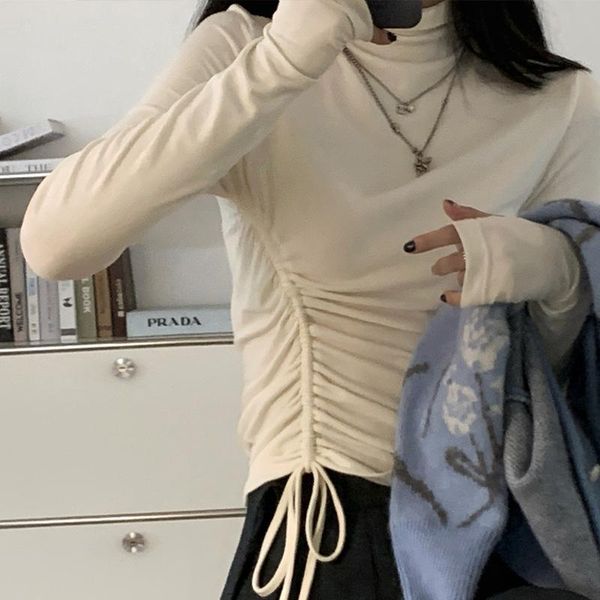 

2021 korean turtleneck pile collar long sleeve bottoming sweater slim t shirts women 2021 kpop egirl vintage fashion, White