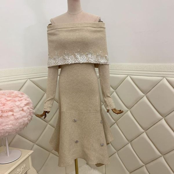 

casual dresses off shoulder long sleeve three dimensional elastic high waist nail drill knitted dress for women in autumn 2021 1030, Black;gray