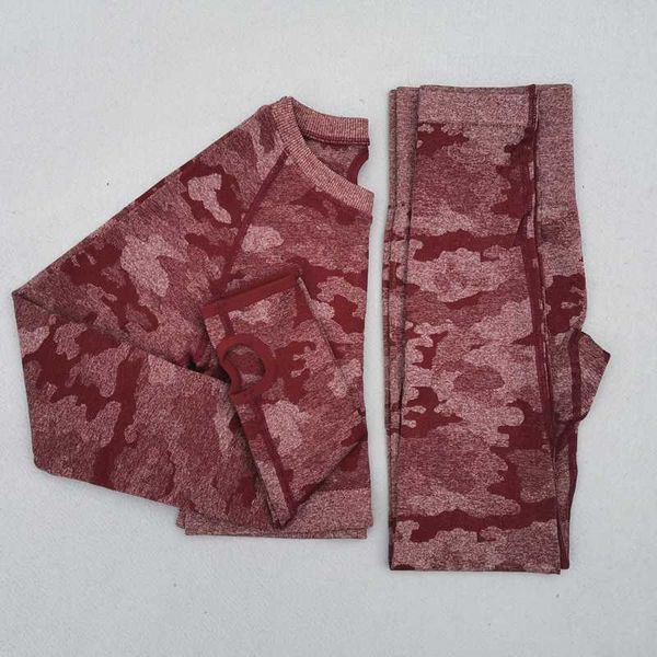 

camo seamless yoga set women fitness clothing sportswear long sleeve crop +high waist gym leggings 2pcs sports suits kg-285, White;red