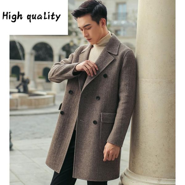 

wool men's coat 2020 long woolen jacket men double breasted korean casual mens overcoats abrigos hombre, Black