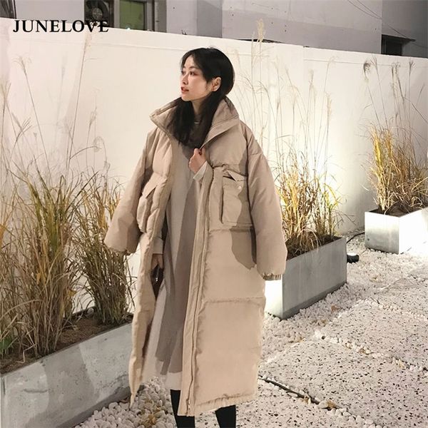 

junelove women's oversize over knee long warm coat vintage winter cotton-padded jacket parkas casual korean female thick outwear 201217, Black