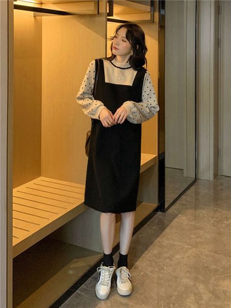 

women sweater pregnant fashion spicy mother foreign sle wave point fake two piec of knitting with bottom skirt autumn and winter stitching, White