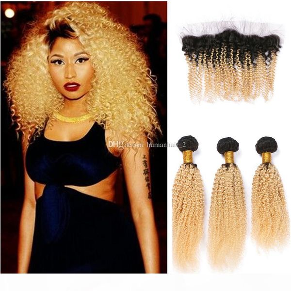 

afro kinky 1b 613 lace frontal with bundles blonde afro kinky hair bundles 3pcs with lace frontal closure two tone hair weave 4pcs, Black;brown