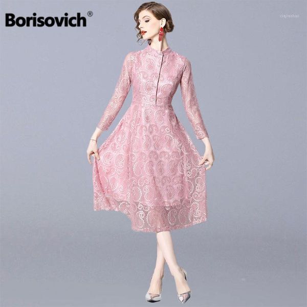 

borisovich women casual pink lace long dress new brand 2019 spring fashion big swing a-line ladies elegant party dresses n10041, Black;gray