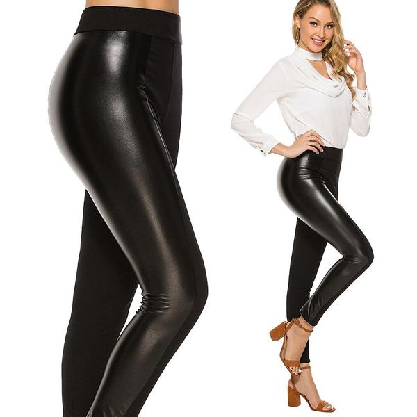 

new fashion bottoms femme clothing leggins stretch pu leather leggings women stitching high waist leggings, Black