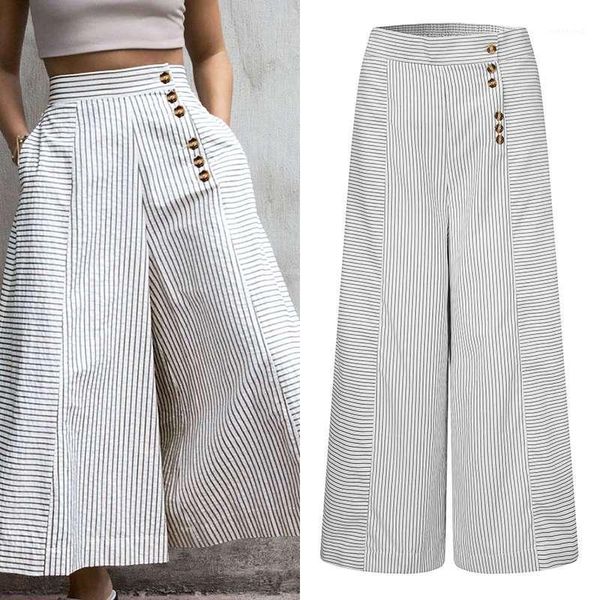 

autumn oversized loose striped wide leg pants celmia women high waist pockets long pantalon female casual loose trousers office1, Black;white