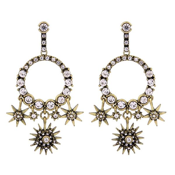 

bulk price clear rhinestone star circle big drop earrings new design antique gold color alloy statement earrings retro jewelry, Silver