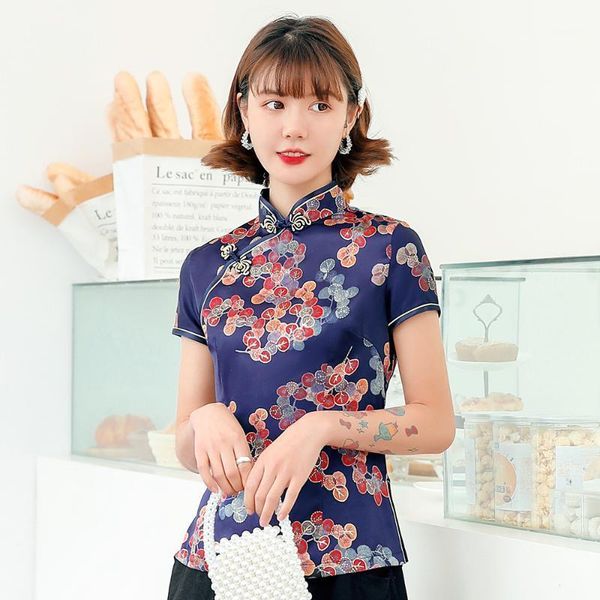 

plus size 5xl silky satin chinese style women floral printing tang clothing shirt slim blouse elegant blue tang coat1, White