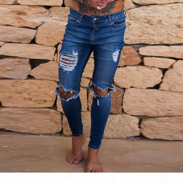 

new fashion men jeans stretch destroyed ripped design fashion ankle zipper skinny jeans for men, Blue