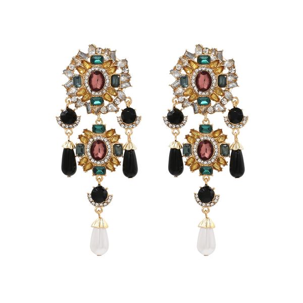 

ZA new creative long pearl color drill earrings European and American exaggerated metal flower earrings net red earrings wholesale, Silver