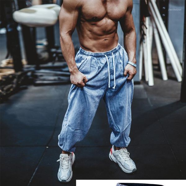 

mens loose jeans european size stylish baggy gym jeans streetwear men clothing 20201, Blue