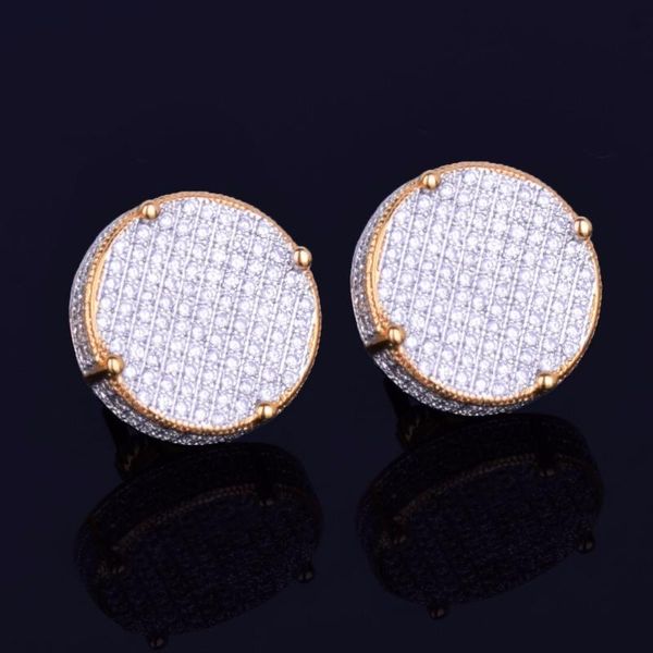 

stud 1pair high qulity no fade gold color micro pave cubic zircon lab d round earrings with screw back hip hop bling jewelry, Golden;silver