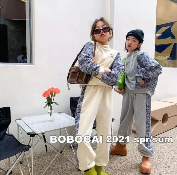 

2021 new wholesale girls 2 pcs patchwork set sweatshirt +long pants spring fashion girls suits kids clothes 4-11 years, White