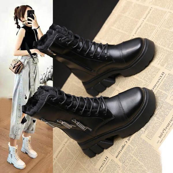 

boots shoes lace up white ankle winter footwear boots-women luxury designer round toe rock low 2021 elegant autumn med fashion1, Black