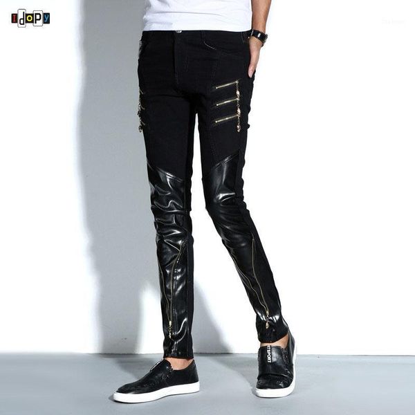 

fashion men's night club dj pants skinny patchwork pu leather pants with zippers punk style black trousers for men1