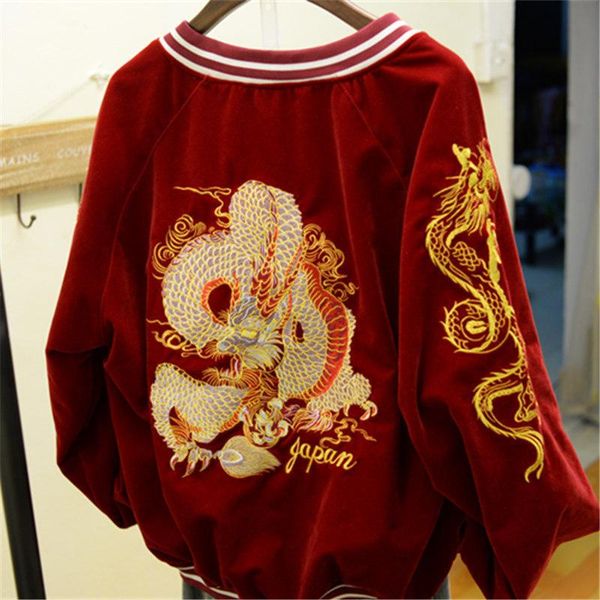 

chic dragon embroidered velvet jacket zipper baseball jacket long-sleeved bomber cardigan corduroy coat couples outwear, Black;brown