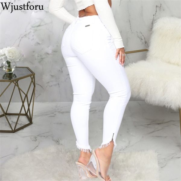 Wjustforu Weiß Elegante Loch Jeans Hosen Frauen Bodycon Casual Denim Bleistift Hosen Weibliche Sommer Mode Enge Jeans HosenLJ200808