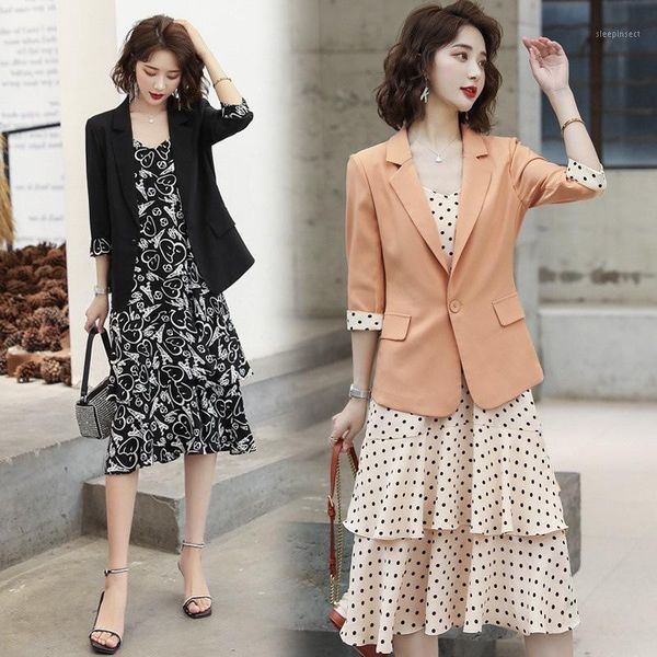 

wave point suspender women's dress adn suit women summer dress korean version slim medium length suit two piece .1, Gray