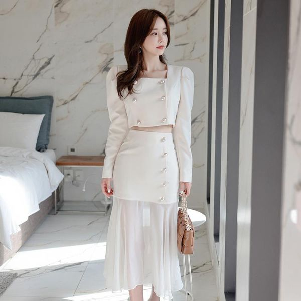 

women spring autumn korean office work 2 pieces set double-breasted short + high waist mermaid skirt suit sets, Gray