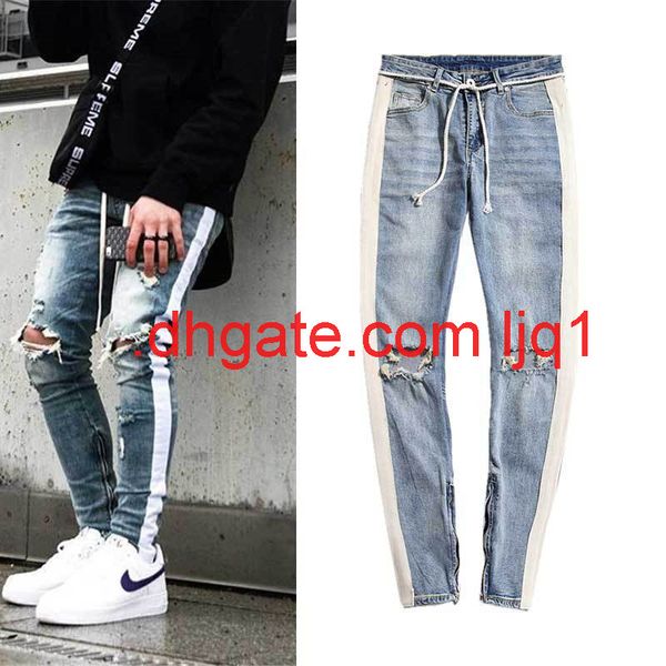 

new high street white jeans with big damage to the knee, worn-out slim side zipper men's jeans, Blue