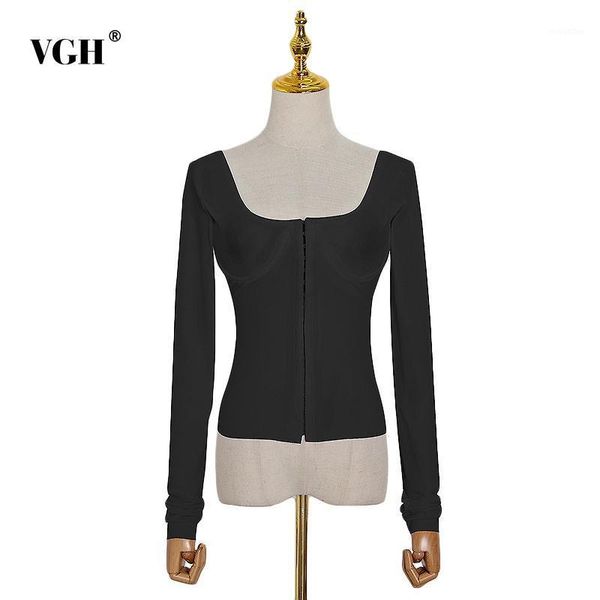 

vgh solid minimalist sweater for women square collar long sleeve tunic black basic knitted female fashion new clothing tide1, White