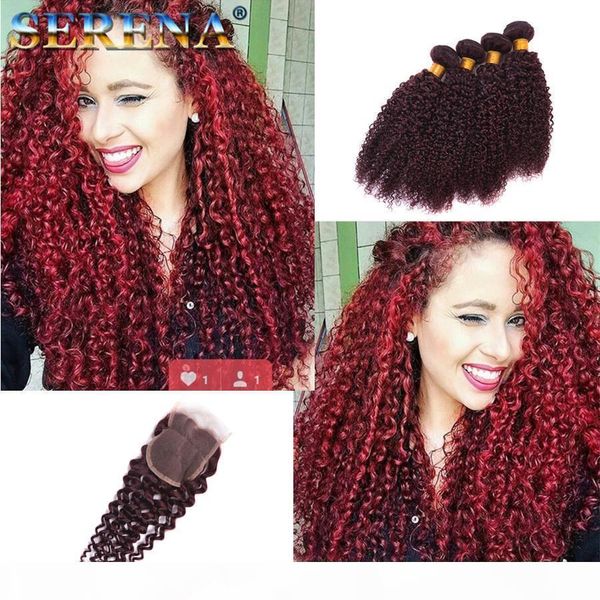 

peruvian curly hair red 4 bundles jerry curl weave human hair extensions curly 400g virgin brazillian bundles 99j burgundy weaves closure, Black;brown
