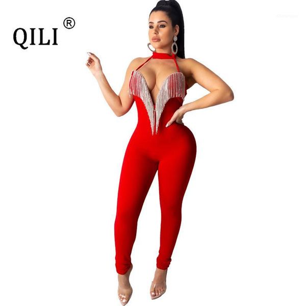 

qili women fringe diamonds jumpsuits halter open bust club jumpsuit womens black red blue bodycon jumpsuits1, Black;white