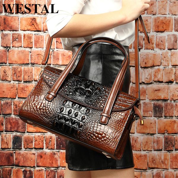 

westal handbags women's genuine leather alligator design women's leather handbags messenger/shoulder bags big handle-bag