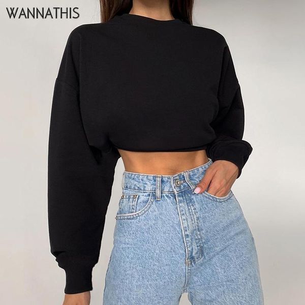 

wannathis sweatshirts long sleeve o-neck cotton pullovers crop casual loose autumn sweatshirt women tracksuits streetwear, Black