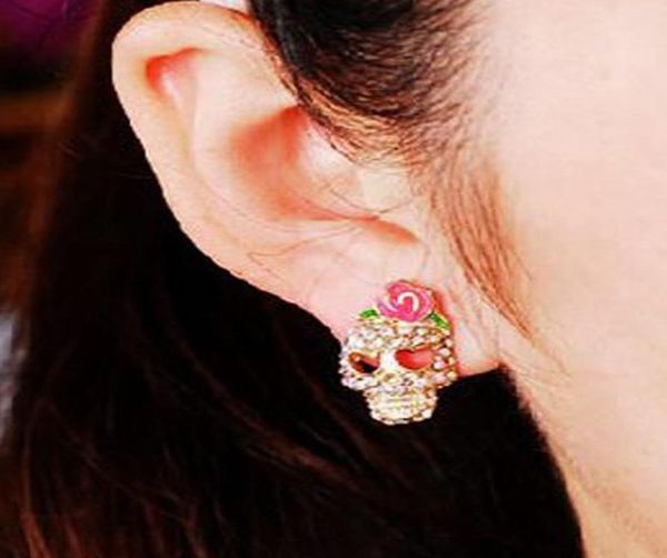 

симпатичные розовые розы горный хрусталь скелет череп ушные гнезда серьги женские моды преувеличенные личности trend ухо ювелирные изделия j, Bronze;silver