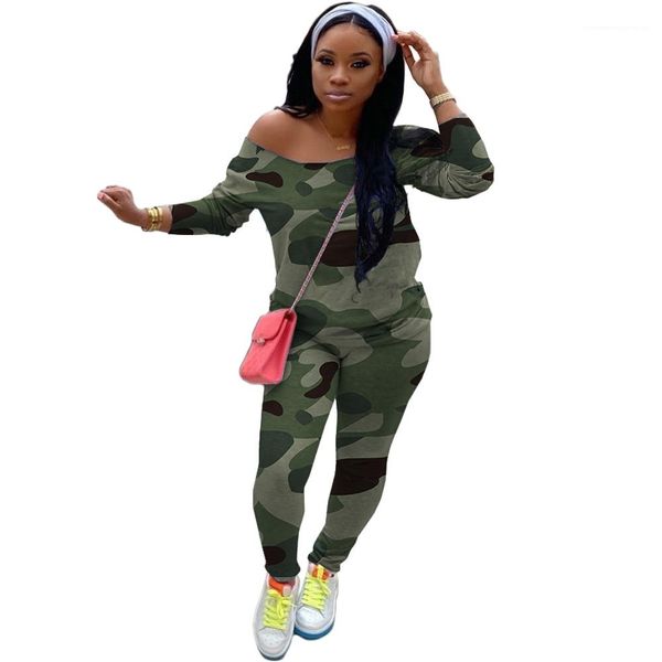 

camouflage print womens two piece outfit long sleeve crew neck 2pcs set fashion casual female clothing multiple styles, White