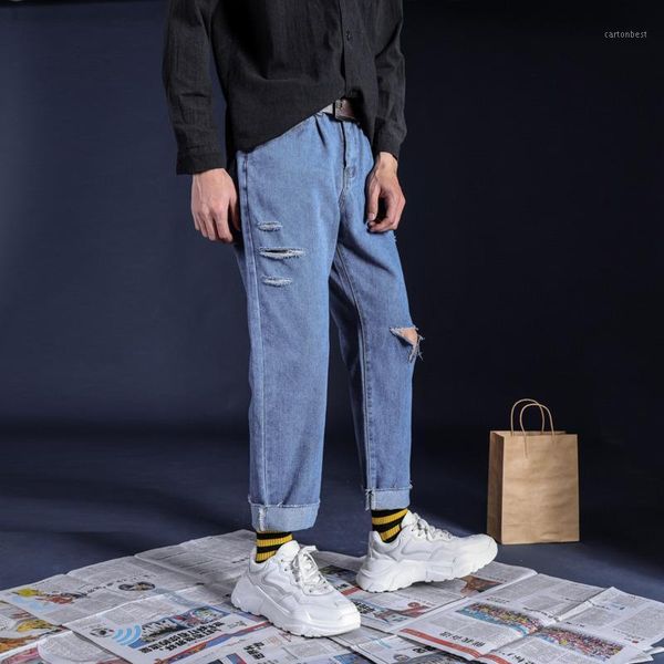 

men's jeans summer men washed solid color casual torn holes denim pants man streetwear hip hop loose cowboy trousers male clothes1, Blue