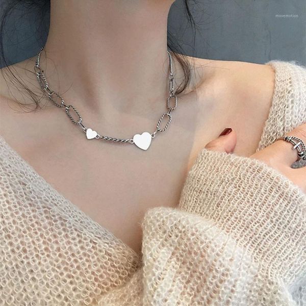 

temperament retro love heart pendant thick chains necklace for women thai silver color party jewelry1, Golden;silver