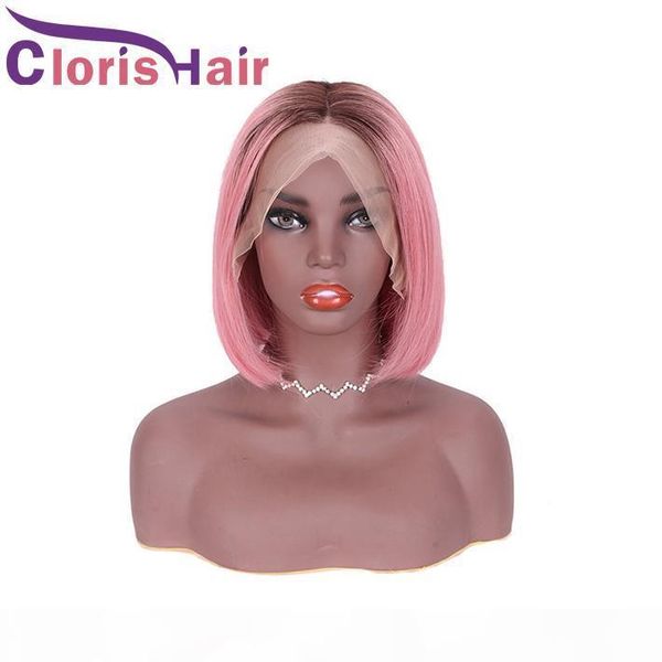

1b pink short bob wig straight lace front human hair wigs for black women pre plucked with baby hair 13x4 frontal closure ombre glueless wig, Black;brown
