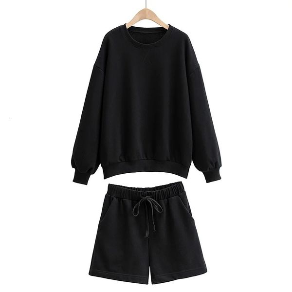 

2021 new fall sets loose pure color fleece + high waist with wide-legged pants female leisure suit 3s1l, Black