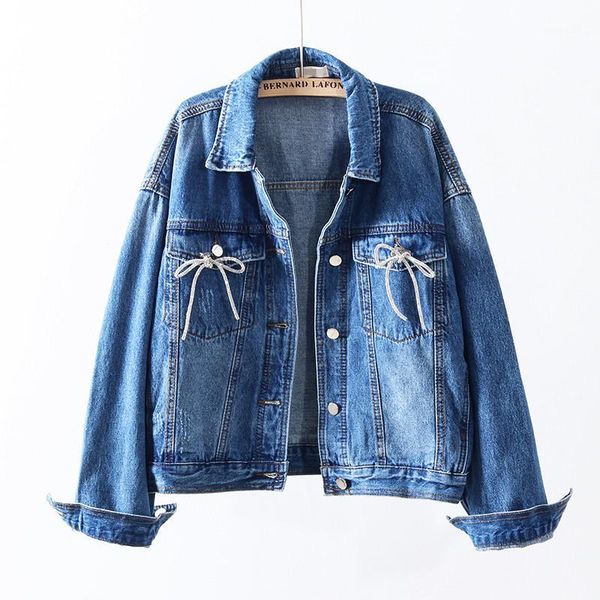 

jeans jacket women long sleeve turn down collar cowboy jacket 2020 autumn korean diamonds bowknot demin outwear cotton polyester1, Black;brown