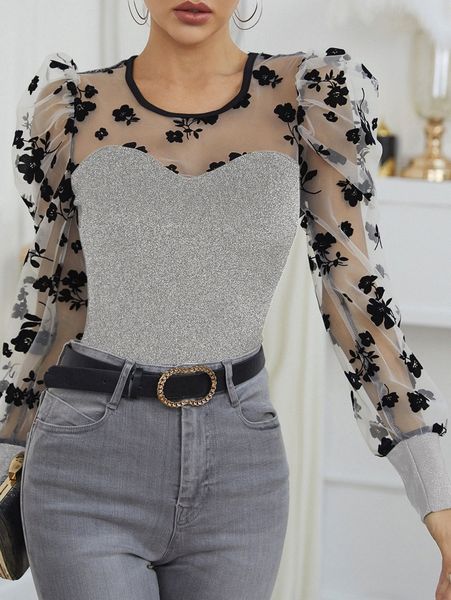 

floral print mesh gigot sleeve glitter d7wq#, White