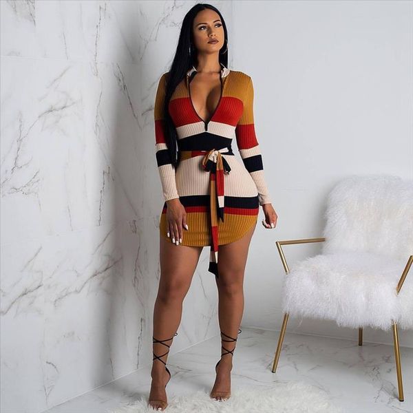 

stripe sashes autumn winter women dresses knitted full sleeve fashion casual bodycon bandage club night mini dress d8212, Black;gray