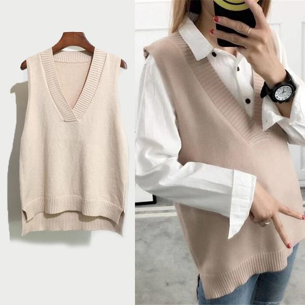 

autumn v neck sweater vest women fashion solid oversized knitted vest korean winter sleeveless female jumper pullover 1, Black;white
