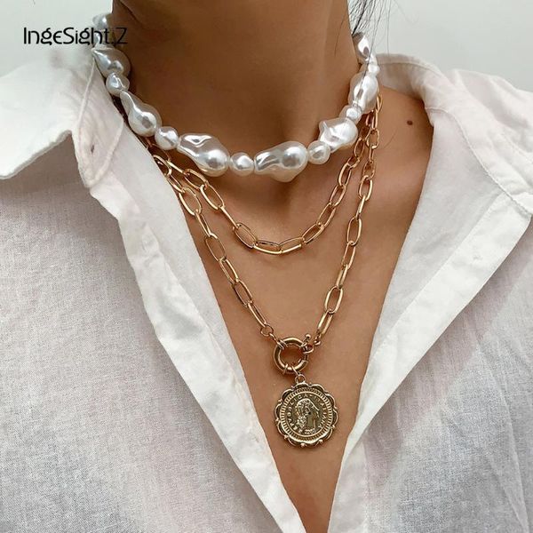 

ingesight.z 3pcs/set multi layer boho irregular imitation pearl choker necklace carved coin human head pendant necklaces jewelry, Silver