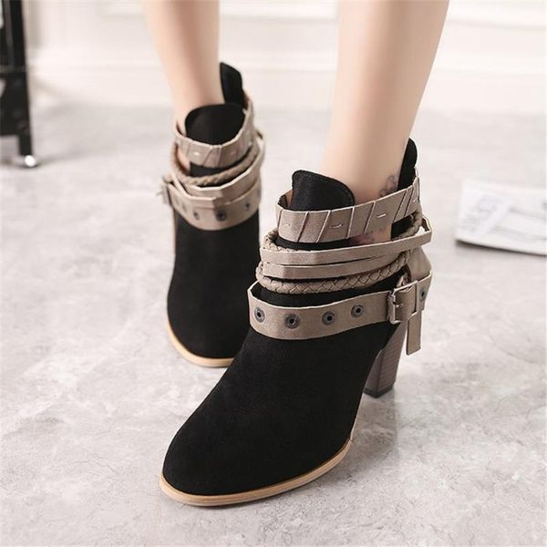 

boots winter women's rivet belt buckle thick heel round toe ladies plus size short, Black