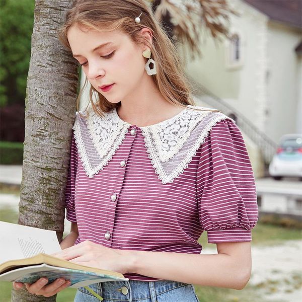 

dog apparel xiangying striped t-shirt female 2021 summer cardigan wild doll collar korean loose short-sleeved