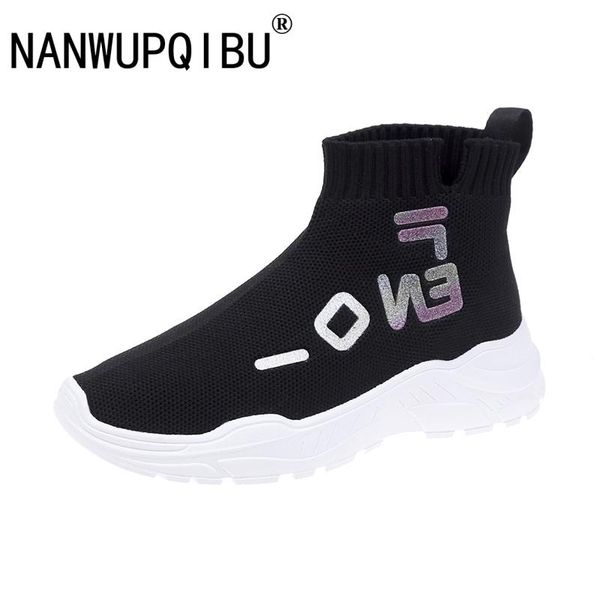 

new breathable ankle boots women summer sneakers flat platform shoes woman sock shoes luminous high-socks flying woven, Black