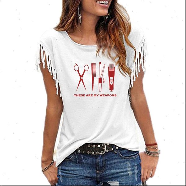 

2021 summer barber t shirt women short sleeve o neck cotton hairdresser weapon girls scissors clothing, White