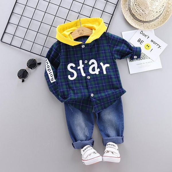 

clothing sets baby 2021 spring and autumn handsome boy lattice word mother stra shirt hooded long sleeve two-piece suit1, White