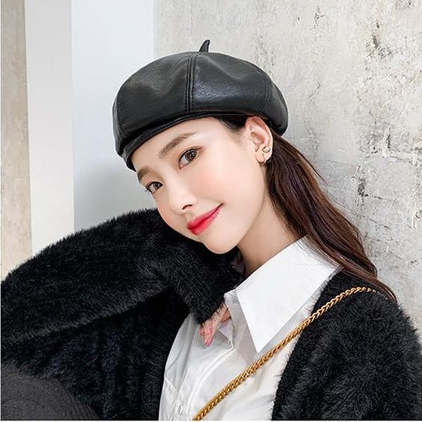 

pu leather berets for women fashion ladies black caps stewardess red yellow beret autumn winter artist hats, Blue;gray