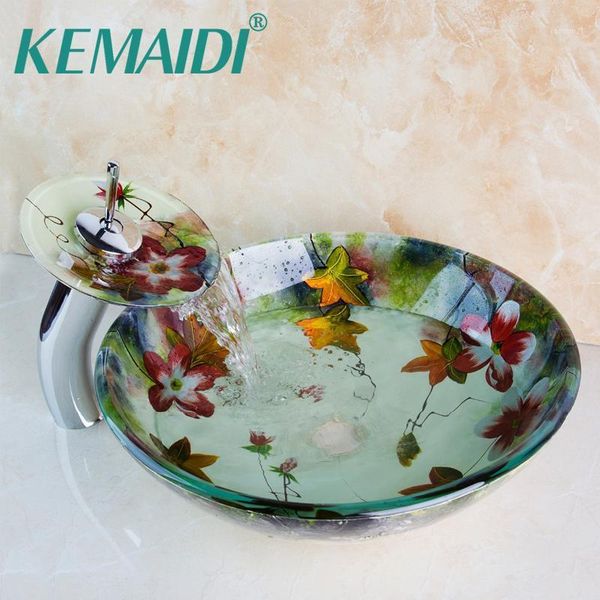 

kemaidi noverl design flower deck mounted chrome finish faucet washbasin bathroom glass sink with water up drain basin set1
